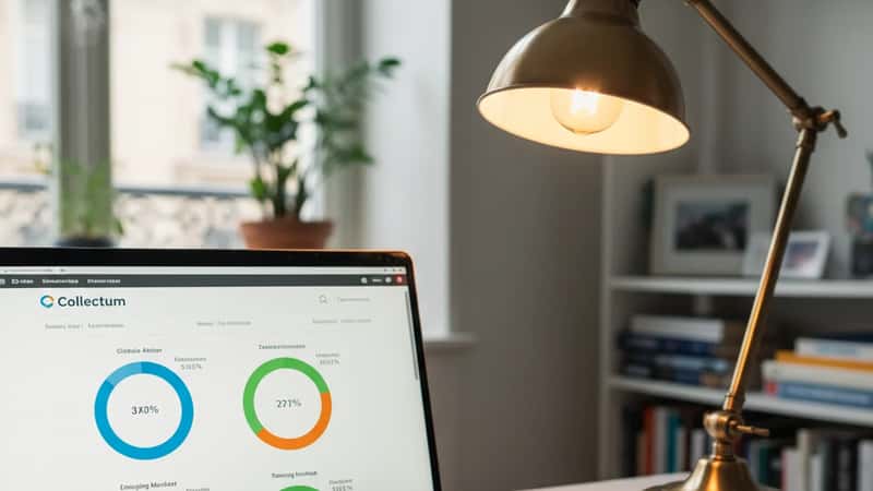 Laptop med Collectum pensionsportal och flexpensionsberäkning på Stockholms hemmakontor under varmt skrivbordsljus