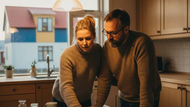 Íslenskt hjónapar skoðar arkitektateikningar yfir eldhúsborð og skipuleggur viðbyggingu á heimili sínu