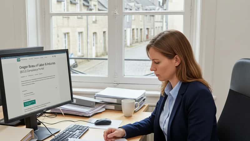 HR manager in Beaverton, Oregon reviewing an overtime exemption classification form at a desk with BOLI compliance documents