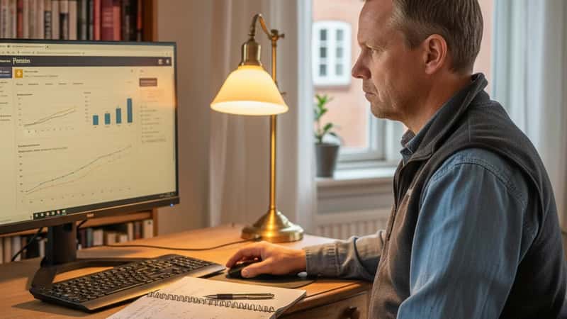 Specialarbejder i Ringkøbing gennemgår pensionsopsparing online ved hjemmekontor med beregninger