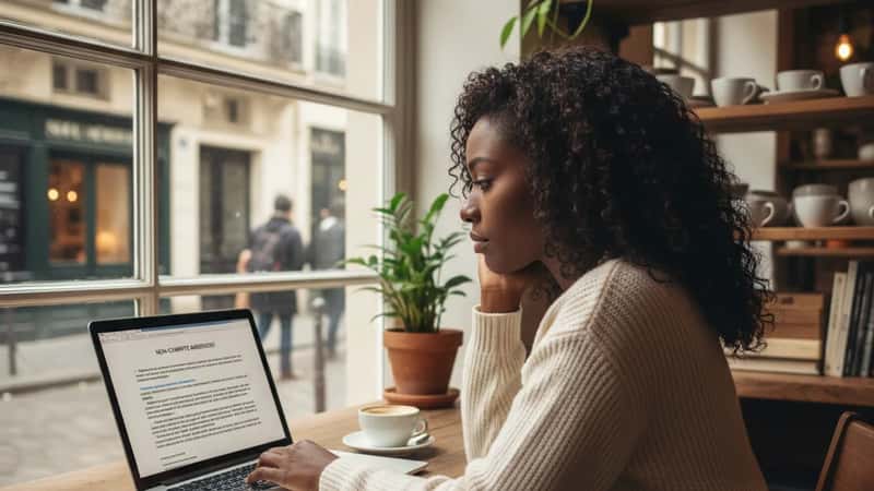 Tech professional reviewing a non-compete clause on her laptop in Savannah, Georgia