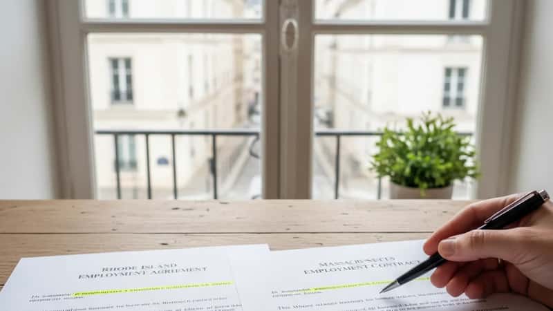 Two employment contracts labeled Rhode Island and Massachusetts side by side with highlighted differences in non-compete geographic restriction clauses