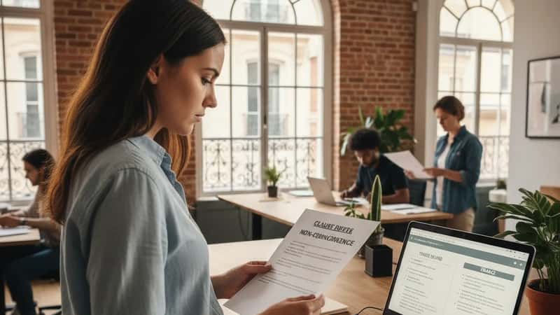 Tech worker at a Providence startup reading a non-compete clause in a job offer letter with a state comparison chart open on a laptop