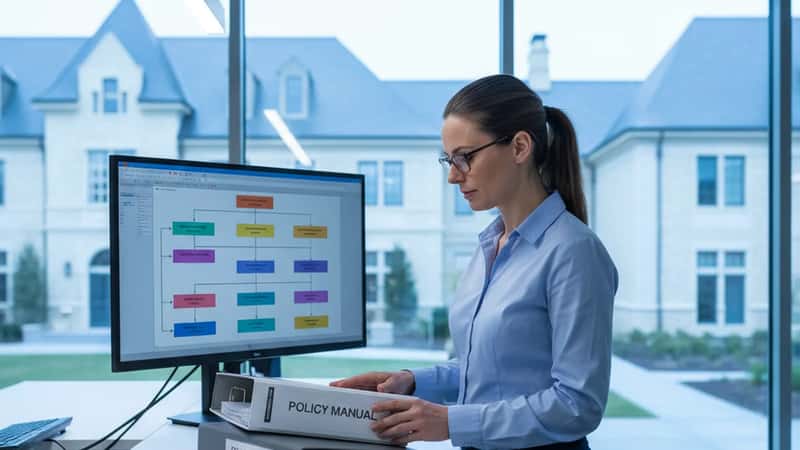 Pennsylvania HR manager comparing employment policy documents at a standing desk in a suburban Philadelphia office