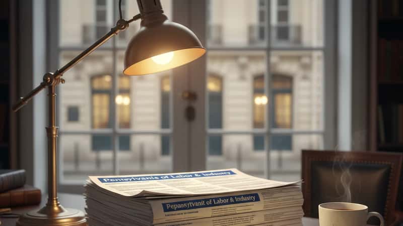 Pennsylvania employment law posters and legal notepad on a wooden desk with warm desk lamp light — compliance documentation