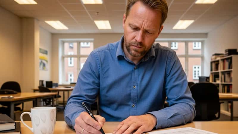 Lektor ved Aarhus Universitet gennemgår løntabeller fra AC-overenskomsten 2026-2029 ved stående skrivebord, overskyet dagslys, fagbøger i baggrunden