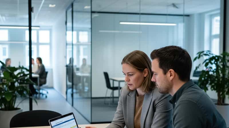 To danske akademikere diskuterer Fritvalgs Lønkonto-beregninger på en laptop i et universitetets HR-mødelokale i København, moderne glasvægge og koldt dagslys