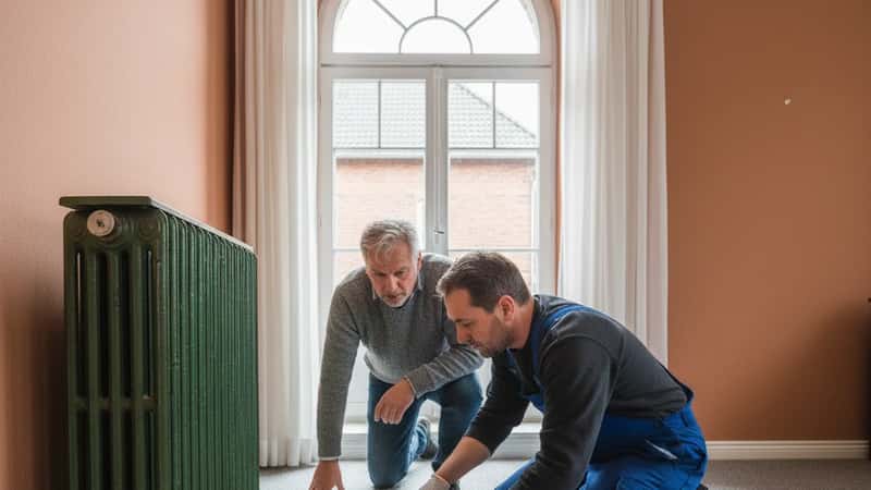 In Hamburg beobachtet ein Hausbesitzer in den 50ern mit grauem Pullover, wie ein Techniker in Arbeitskleidung den alten Gusseisenradiator in einem Hamburger Backsteinreihenhaus untersucht