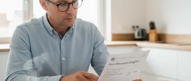 Propriétaire français comparant des devis de pompe à chaleur à une table de cuisine