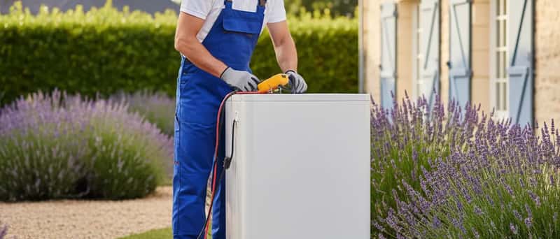 Technicien certifié RGE vérifiant le fonctionnement d'une pompe à chaleur extérieure dans un jardin résidentiel