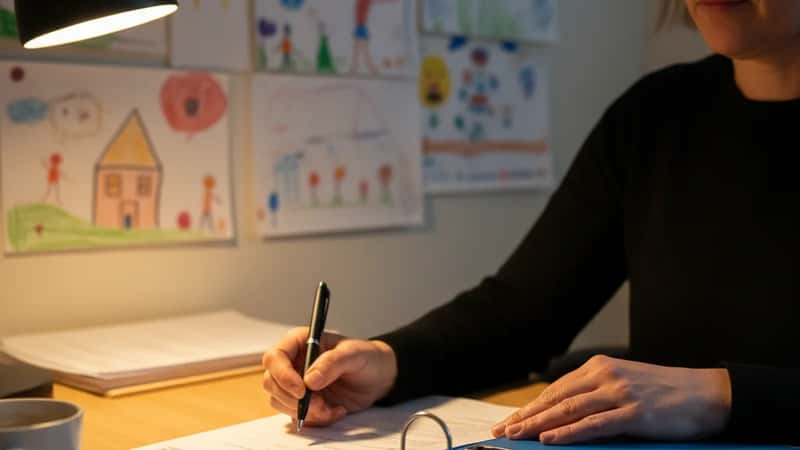 Styrer i en PBL-barnehage i Stavanger gjennomgår tariffavtalens lønnsbestemmelser ved skrivebordet