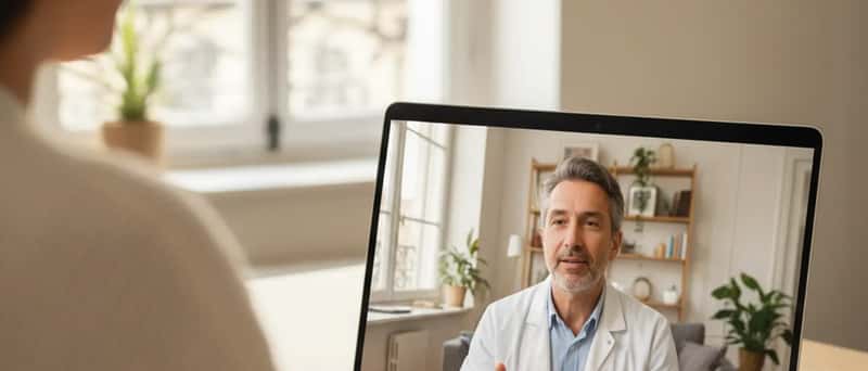 Patiente française en téléconsultation vidéo avec un médecin depuis son salon, ordinateur portable sur les genoux