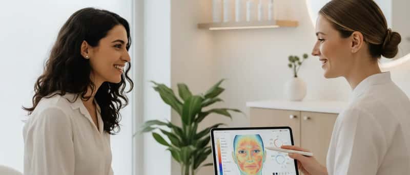 Estetista che mostra un'analisi digitale della pelle su tablet a una cliente in un centro estetico moderno