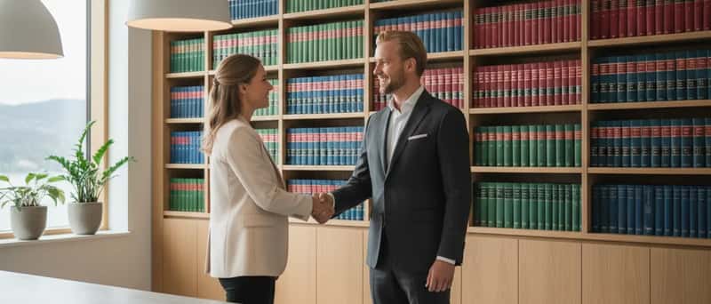 Arbeidsrettsadvokat håndhilser på klient i et skandinavisk advokatkontor