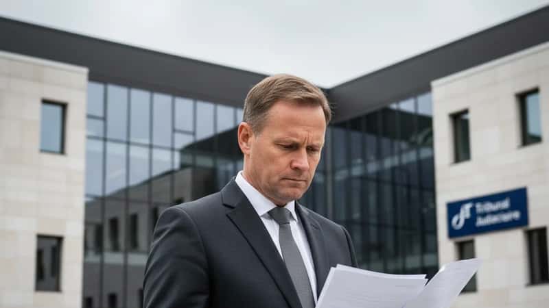Norsk mann i mørk dress utenfor et moderne tinghus i Stavanger, gjennomgår papirer under overskyet nordisk himmel