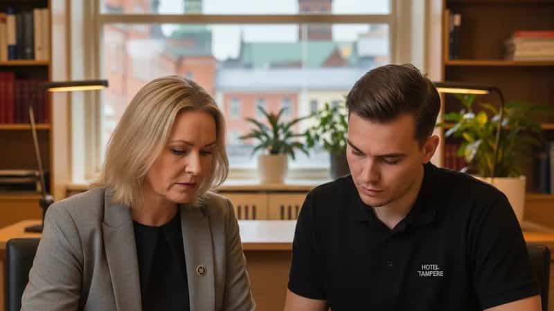PAM:n irtisanomisneuvoja auttaa tamperelaishotellin tyontekijaa kaymaan lapi TES-oikeuksiaan konsultaatiotapaamisessa