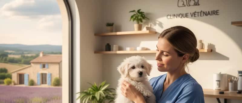 Veterinær holder forsiktig en liten hvit valp og undersøker den i en lys skandinavisk klinikk