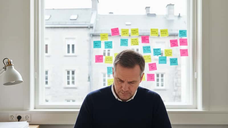 Tjänsteman i Östersund granskar löneöversynsplan med utvärderingskriterier på post-it-lappar i fönstret