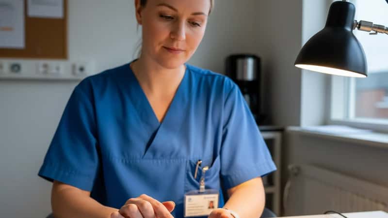 Sygeplejerske sammenligner OK24 og OK26 lønsedler med lommeregner i personalestue i Aalborg