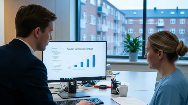 HR-medarbejder forklarer pensionsstigningen under OK26 til sygeplejerske på kontormøde i Aalborg