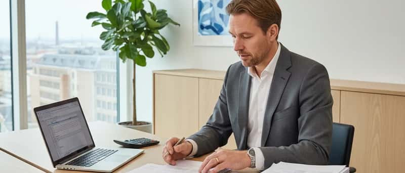 Revisor gennemgår årsregnskab og skatteformularer på et minimalistisk kontor i Danmark