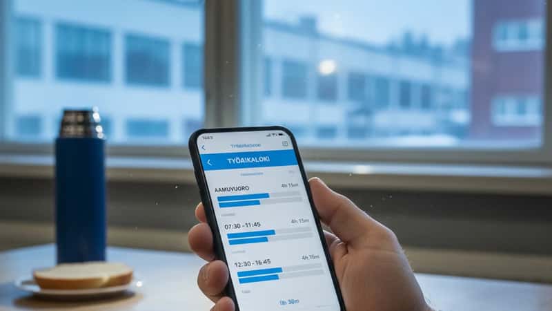 Tamperelainen mies käyttää digitaalista työaikakirjanpitosovellusta tehtaan taukotilassa