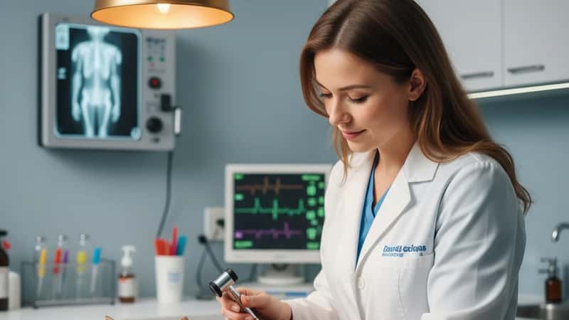 Vétérinaire québécois examinant un chat tigré sur une table de consultation dans une clinique vétérinaire de Québec