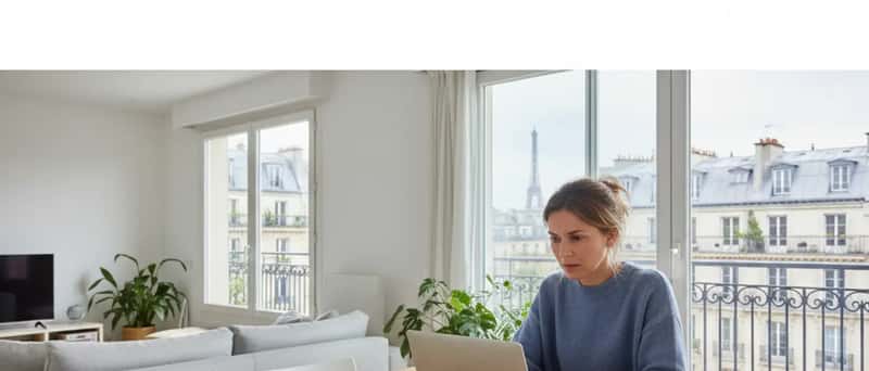 Suomalainen nainen tarkistaa autohuollon kustannuksia kannettavalla tietokoneella keittiön pöydän ääressä