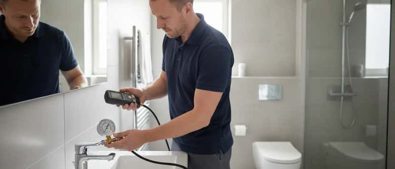 Plumber testing water pressure at a bathroom basin with a pressure gauge in a modern UK bathroom