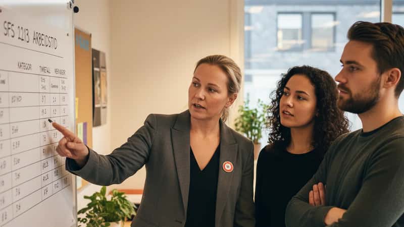 Norsk tillitsvalgt i Stavanger forklarer SFS 2213 arbeidstidsoversikt på tavle for kollegaer