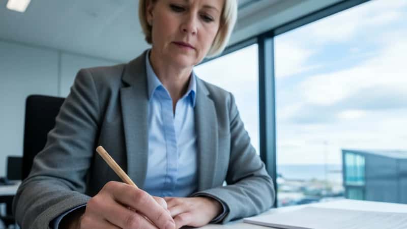 Norsk statsansatt i Kristiansand gjennomgår fleksitidsskjema ved statlig kontorpult, detaljert oversikt over kjernetid og fleksible ankomsttider