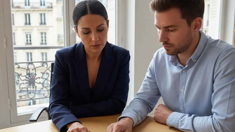HR director and new hire reviewing a non-compete contract at a corporate Austin office desk, pointing to key clause