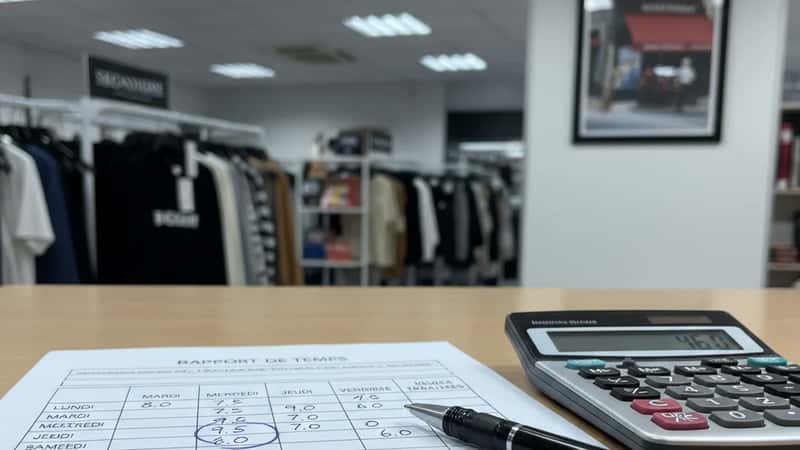Tidrapport med markerade söndagstimmar och kalkylator på skrivbord i en butik