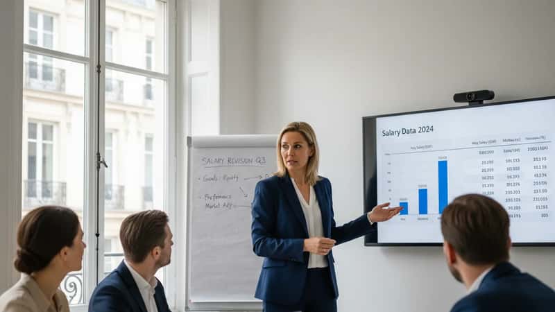 Svensk HR-chef presenterar lönedata för team i modernt konferensrum i Malmö med whiteboard i bakgrunden
