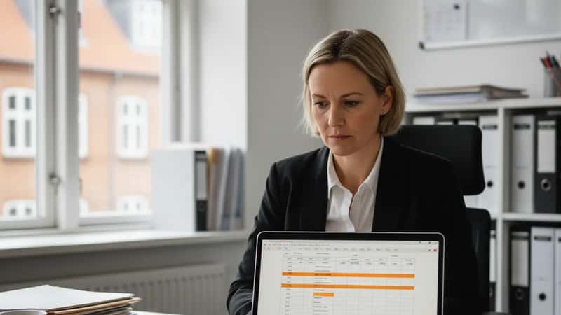 Dansk bogholder i Fredericia gennemgår lønopgørelse med pensionsprocenter markeret på computerskærm i et kontormiljø