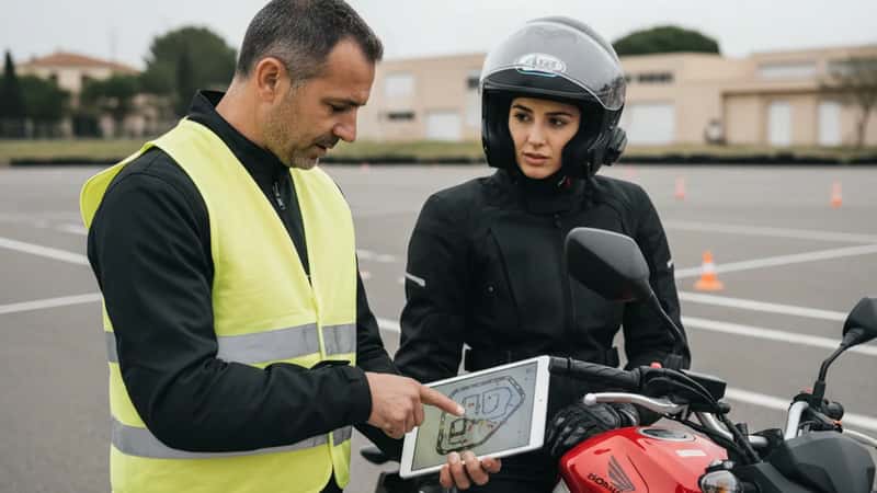 Moniteur moto en gilet jaune expliquant un schéma de circuit à une jeune motarde en tenue de protection à Marseille