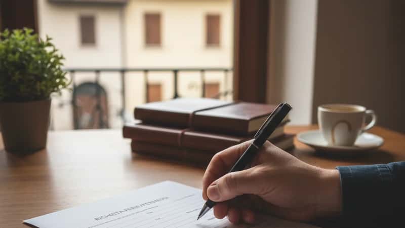 Modulo di richiesta permesso ferie compilato su scrivania, Biella
