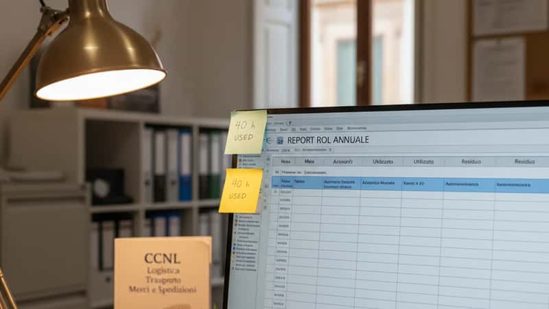 Scrivania di HR aziendale con foglio Excel del monte ROL mensile e note adesive colorate in ufficio di azienda di trasporti a Catania