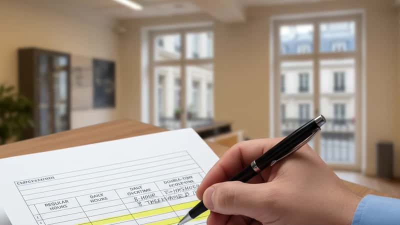 Las Vegas hotel HR coordinator reviews a printed daily time ledger showing overtime thresholds, NRS labor law compliance