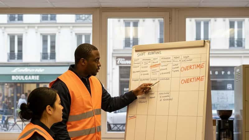 Reno Nevada warehouse shift supervisor reviews overtime schedule on a break room whiteboard, time tracking compliance