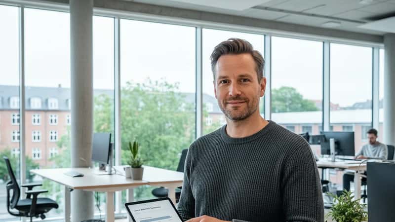 Nordisk mand ved hæve-sænkebord i et moderne kontorlandskab i Odense gennemgår feriesaldo på en tablet, baggrundslys fra store vinduer, professionel og rolig stemning
