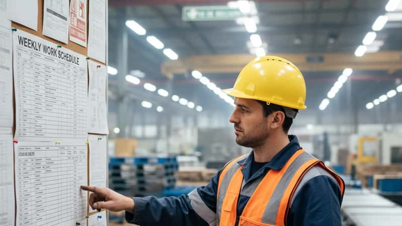 HR manager in a Muncie Indiana manufacturing plant reviewing overtime time sheets with red pen on desk