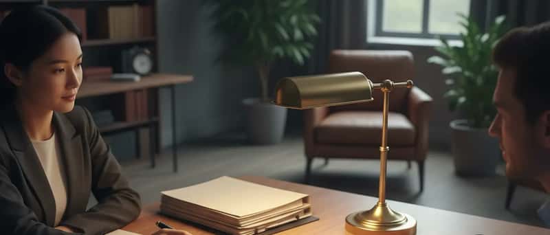 Rechtsanwältin erklärt einem Ehepaar ein Dokument in einer modernen Wiener Kanzlei