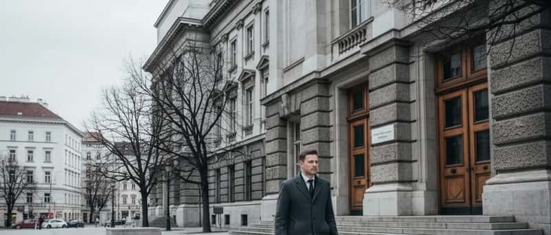 Mann mit Aktentasche steigt die Stufen eines österreichischen Gerichtsgebäudes hinauf