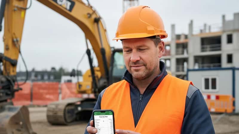 Maskinförare kontrollerar lönebesked på smartphone vid lunchrast på byggarbetsplats i Sverige
