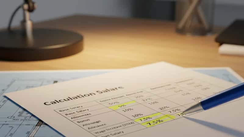 Löneberäkningstabeller på tryckt dokument med löneprocentsatser markerade, handen håller ett papper i ett konstruktionsföretags kontor