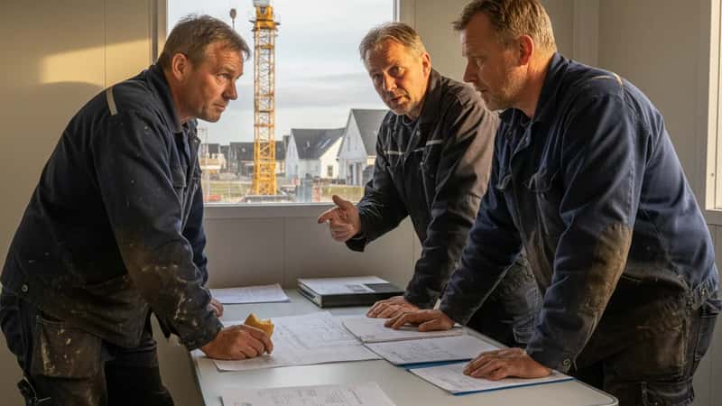 To danske bygningsarbejdere i Aalborg diskuterer overenskomstbetingelser med en tillidsmand i en byggepladstrailer