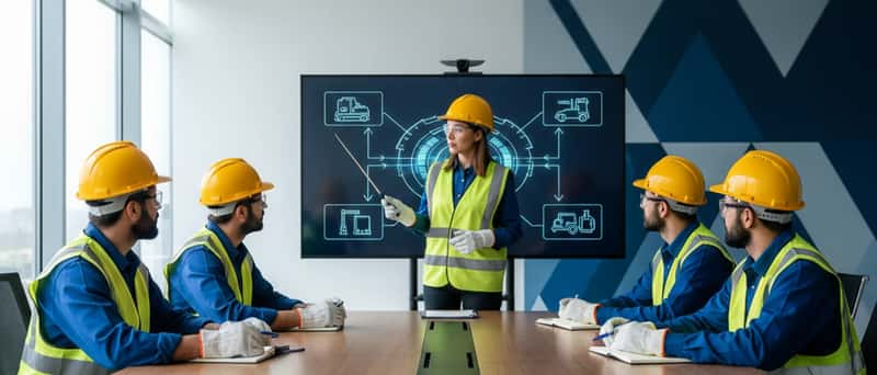 Lavoratori italiani con dispositivi di protezione durante un corso di formazione sulla sicurezza in aula