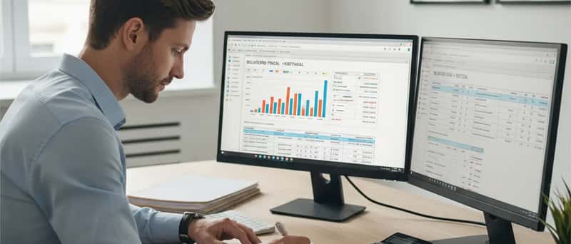 Contabilista certificado a trabalhar com software de gestão fiscal num escritório moderno em Portugal