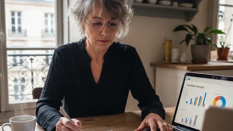 Une femme de 55 ans examine son relevé de carrière et une simulation de retraite sur ordinateur à Nantes